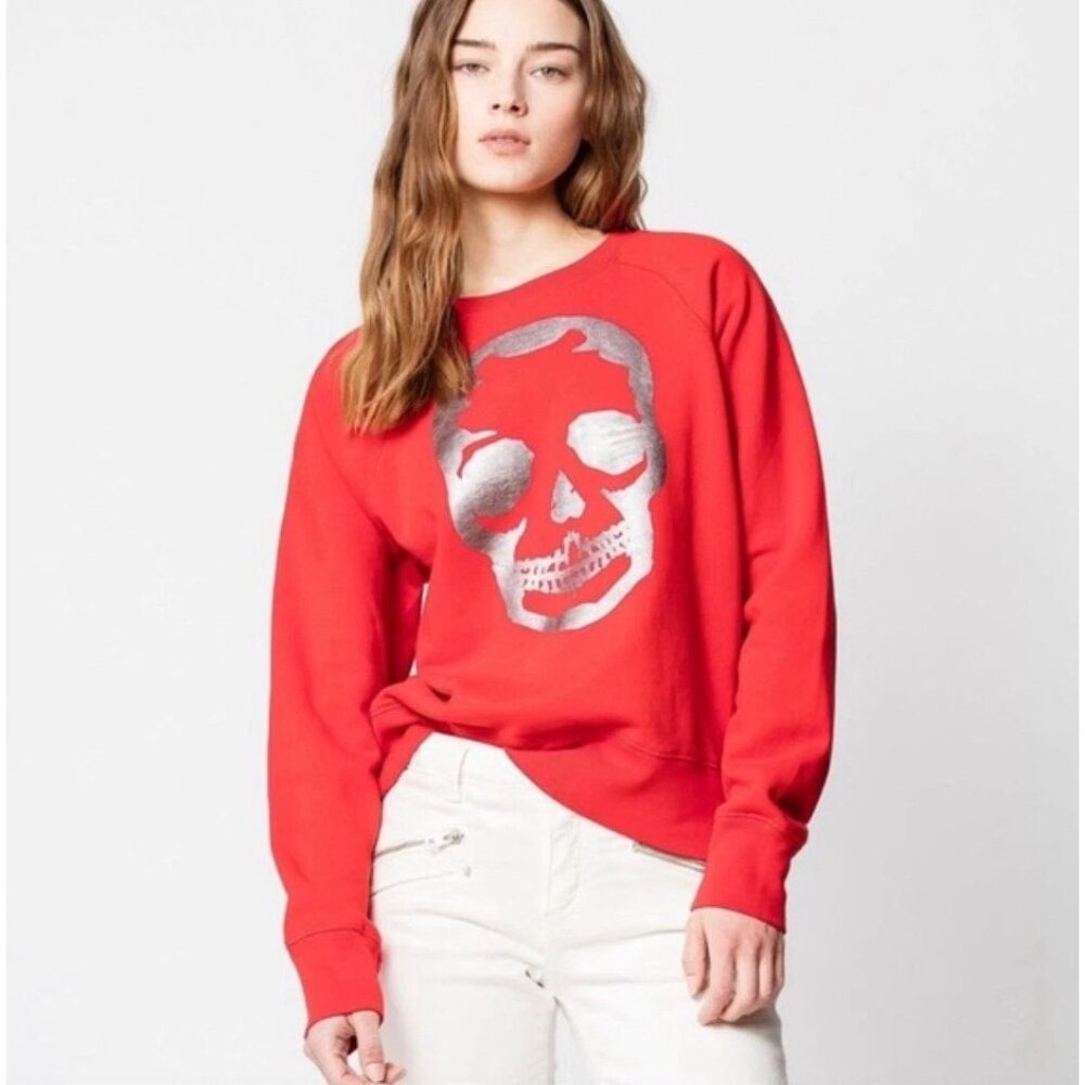 ZADIG & VOLTAIRE Womens Large Skull Graphic Sweatshirt‎ Red Foil Visitar Top